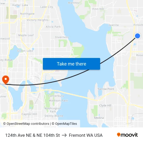 124th Ave NE & NE 104th St to Fremont WA USA map