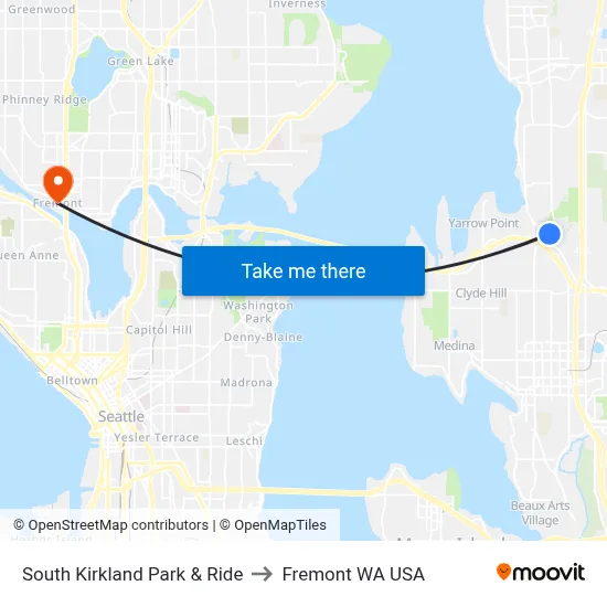 South Kirkland Park & Ride to Fremont WA USA map
