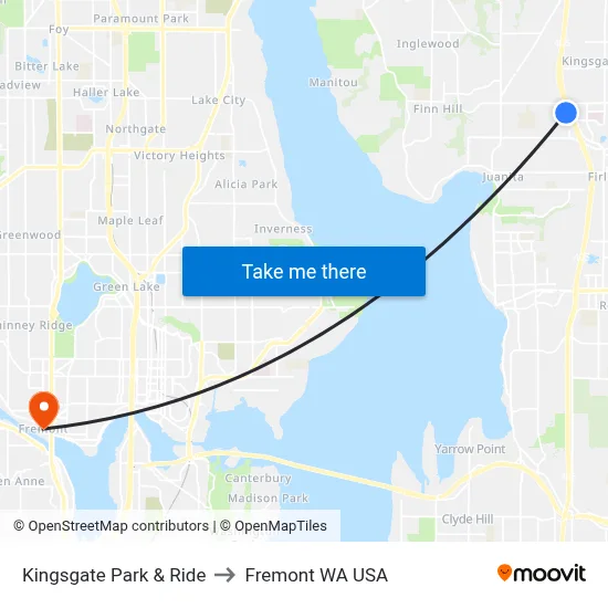 Kingsgate Park & Ride to Fremont WA USA map