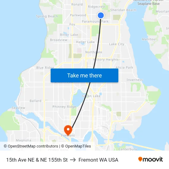 15th Ave NE & NE 155th St to Fremont WA USA map