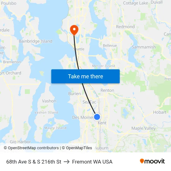 68th Ave S & S 216th St to Fremont WA USA map