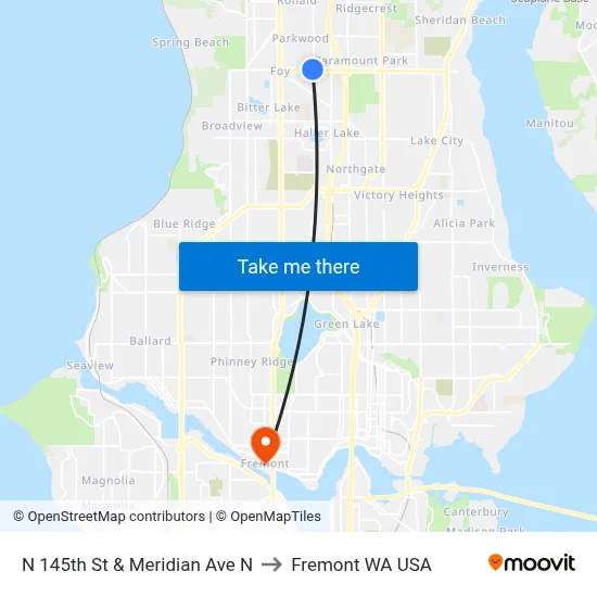 N 145th St & Meridian Ave N to Fremont WA USA map