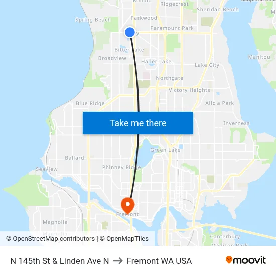 N 145th St & Linden Ave N to Fremont WA USA map