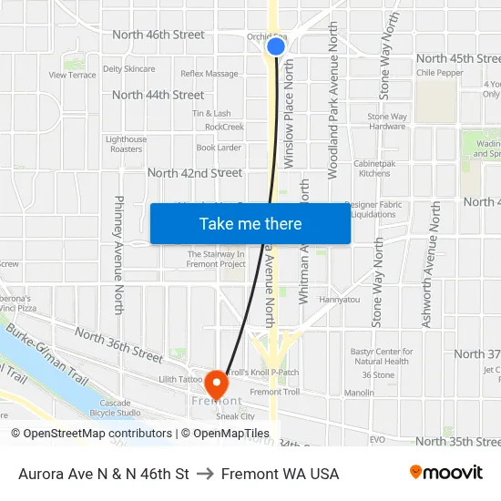 Aurora Ave N & N 46th St to Fremont WA USA map