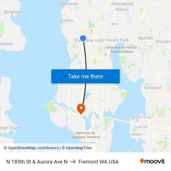 N 185th St & Aurora Ave N to Fremont WA USA map