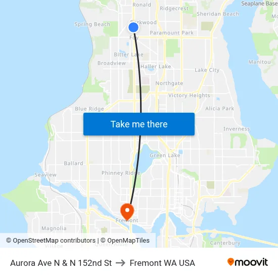 Aurora Ave N & N 152nd St to Fremont WA USA map