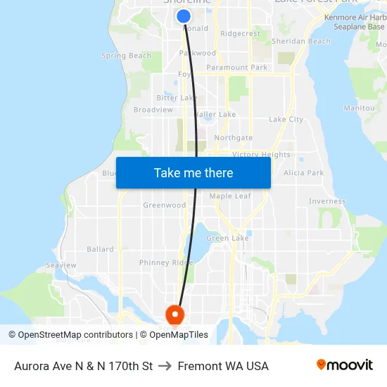 Aurora Ave N & N 170th St to Fremont WA USA map