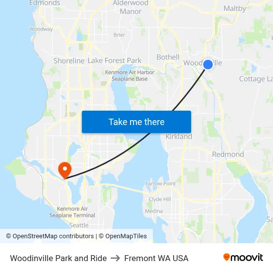 Woodinville Park and Ride to Fremont WA USA map