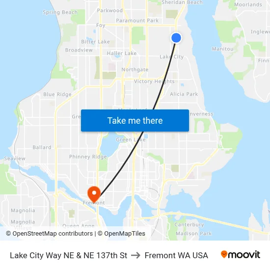 Lake City Way NE & NE 137th St to Fremont WA USA map