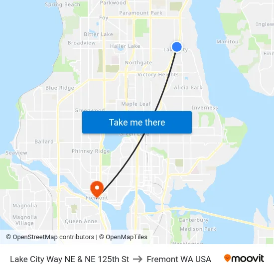 Lake City Way NE & NE 125th St to Fremont WA USA map