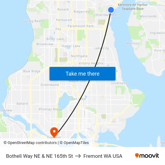 Bothell Way NE & NE 165th St to Fremont WA USA map