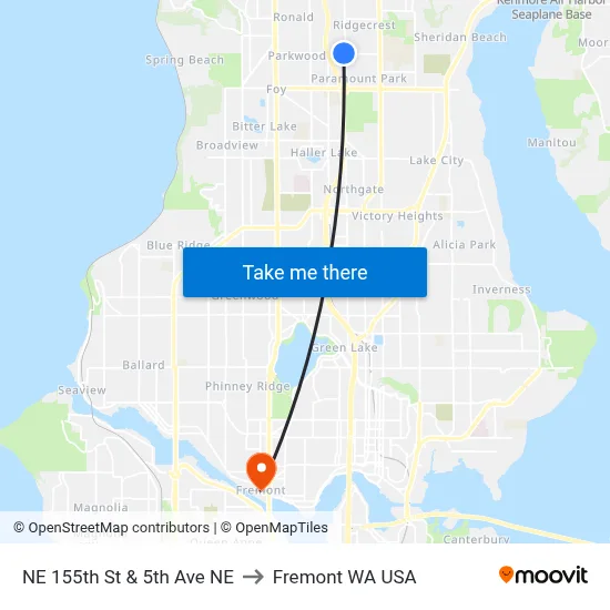 NE 155th St & 5th Ave NE to Fremont WA USA map