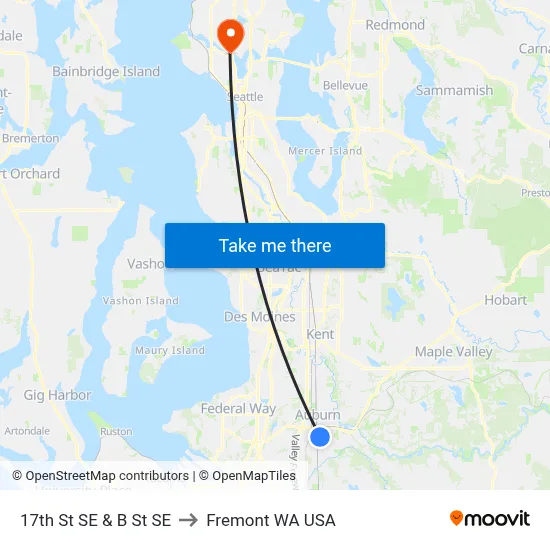 17th St SE & B St SE to Fremont WA USA map