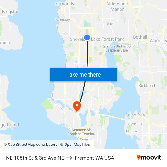NE 185th St & 3rd Ave NE to Fremont WA USA map