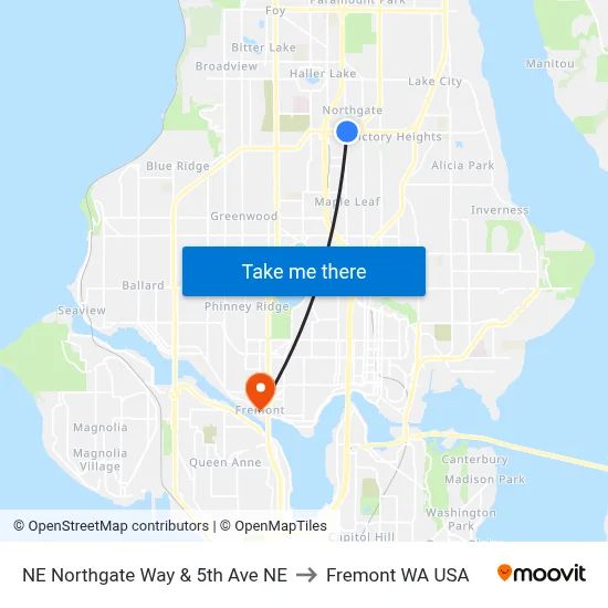 NE Northgate Way & 5th Ave NE to Fremont WA USA map