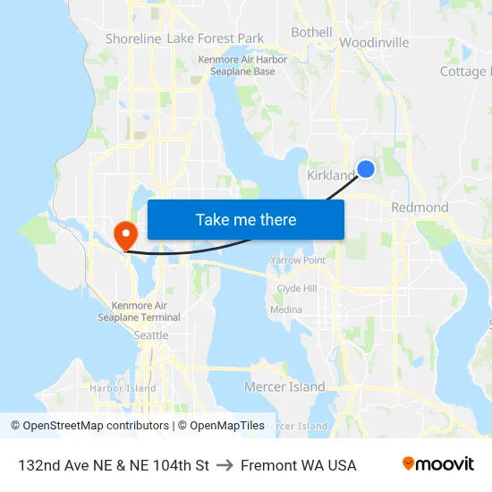 132nd Ave NE & NE 104th St to Fremont WA USA map
