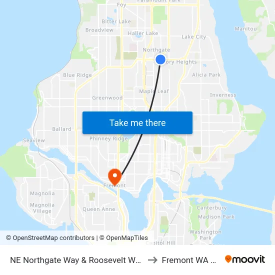 NE Northgate Way & Roosevelt Way NE to Fremont WA USA map
