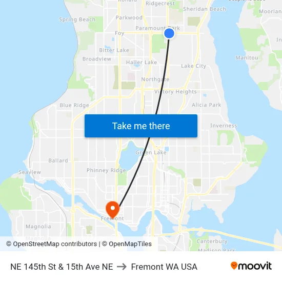 NE 145th St & 15th Ave NE to Fremont WA USA map