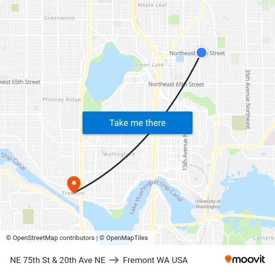 NE 75th St & 20th Ave NE to Fremont WA USA map