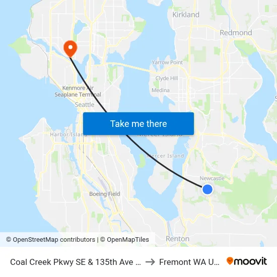 Coal Creek Pkwy SE & 135th Ave SE to Fremont WA USA map
