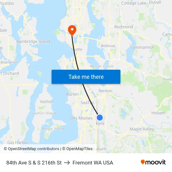 84th Ave S & S 216th St to Fremont WA USA map