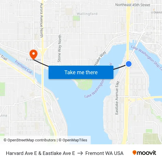 Harvard Ave E & Eastlake Ave E to Fremont WA USA map