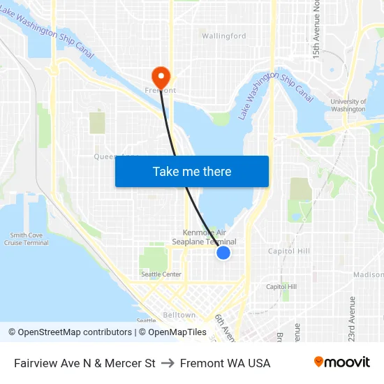 Fairview Ave N & Mercer St to Fremont WA USA map