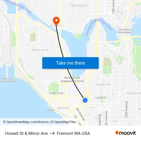 Howell St & Minor Ave to Fremont WA USA map