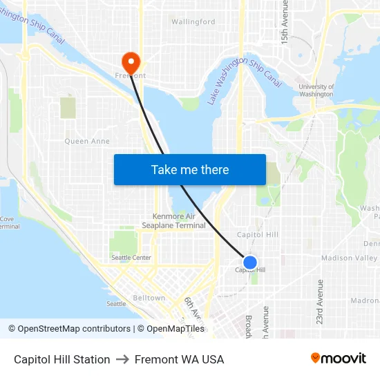 Capitol Hill Station to Fremont WA USA map