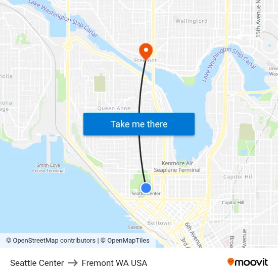 Seattle Center to Fremont WA USA map