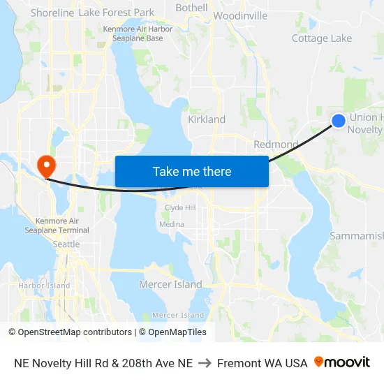 NE Novelty Hill Rd & 208th Ave NE to Fremont WA USA map