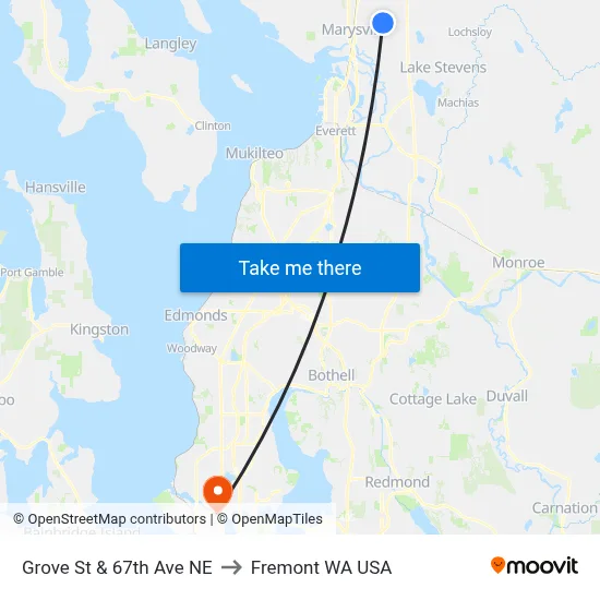 Grove St & 67th Ave NE to Fremont WA USA map