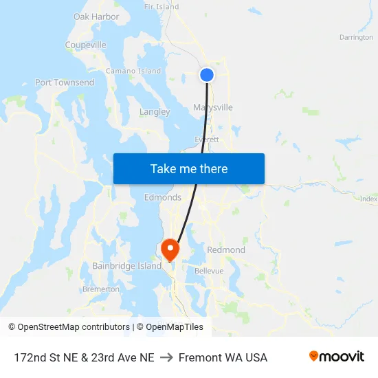 172nd St NE & 23rd Ave NE to Fremont WA USA map
