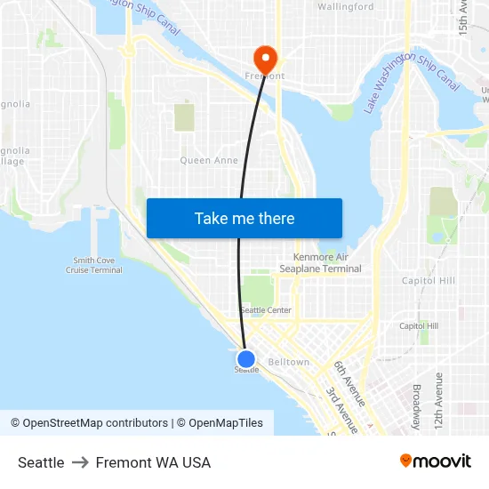 Seattle to Fremont WA USA map