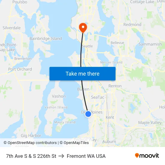 7th Ave S & S 226th St to Fremont WA USA map