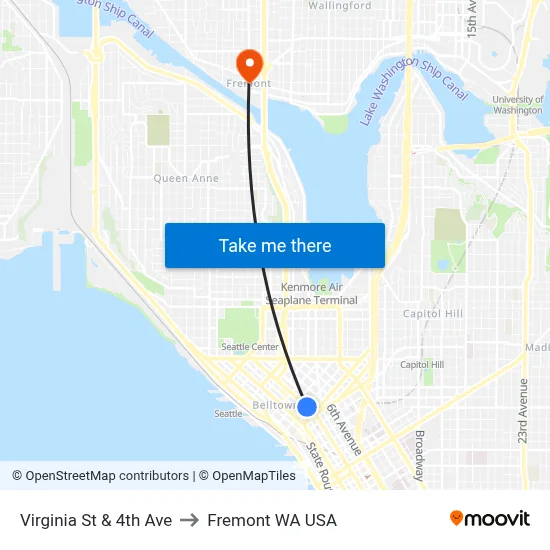 Virginia St & 4th Ave to Fremont WA USA map