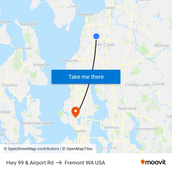 Hwy 99 & Airport Rd to Fremont WA USA map