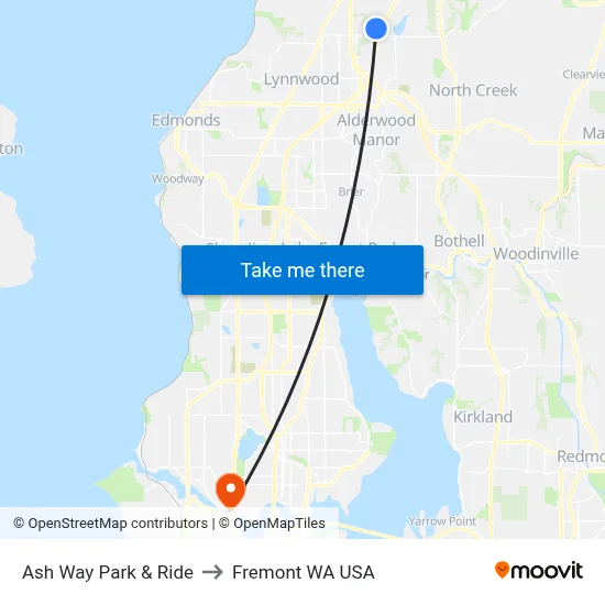 Ash Way Park & Ride to Fremont WA USA map