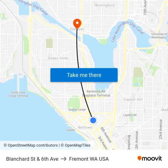 Blanchard St & 6th Ave to Fremont WA USA map