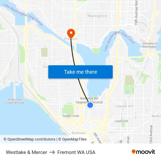 Westlake & Mercer to Fremont WA USA map
