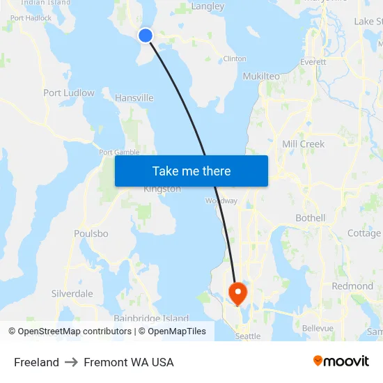 Freeland to Fremont WA USA map