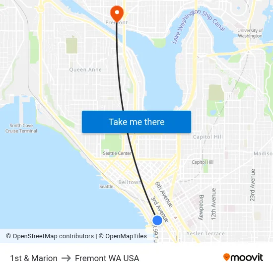 1st & Marion to Fremont WA USA map