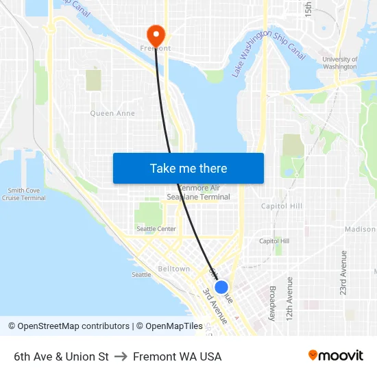 6th Ave & Union St to Fremont WA USA map