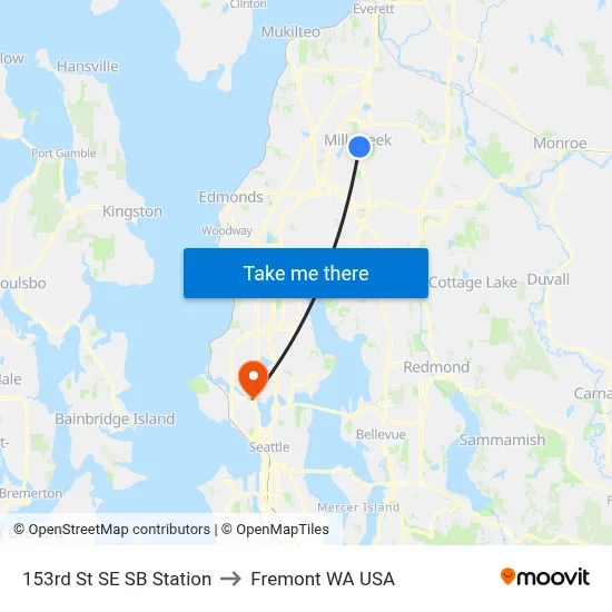 153rd St SE SB Station to Fremont WA USA map