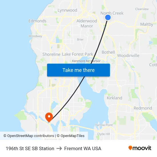 196th St SE SB Station to Fremont WA USA map