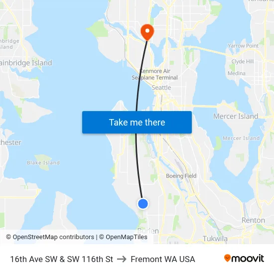 16th Ave SW & SW 116th St to Fremont WA USA map