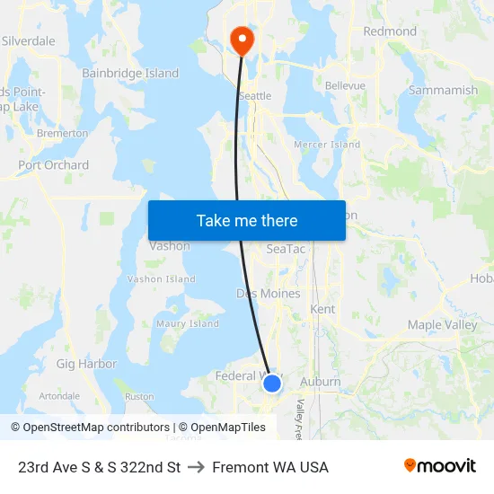 23rd Ave S & S 322nd St to Fremont WA USA map
