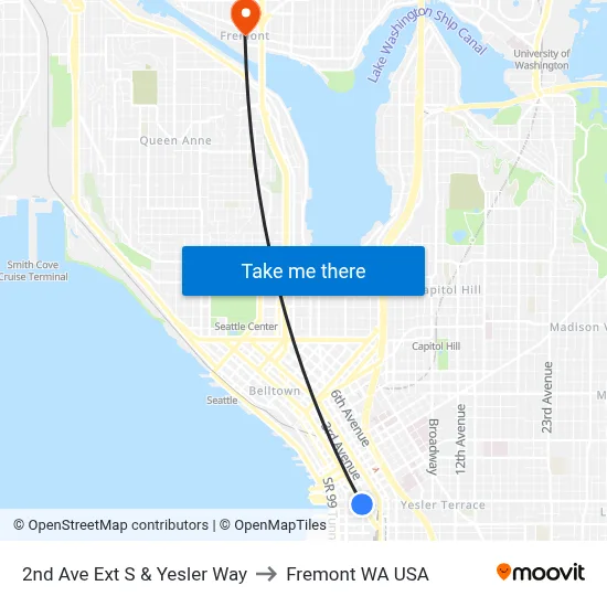 2nd Ave Ext S & Yesler Way to Fremont WA USA map