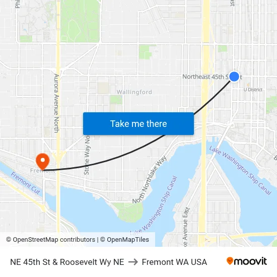 NE 45th St & Roosevelt Wy NE to Fremont WA USA map