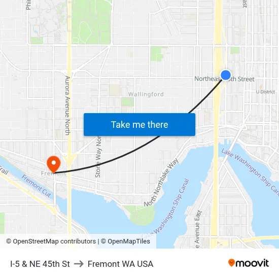 I-5 & NE 45th St to Fremont WA USA map
